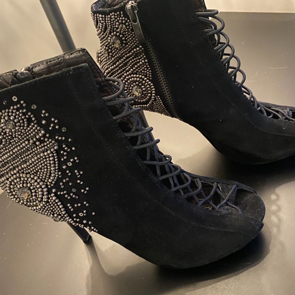 Sam Edelman black lace up high heel stiletto booties with embellishments